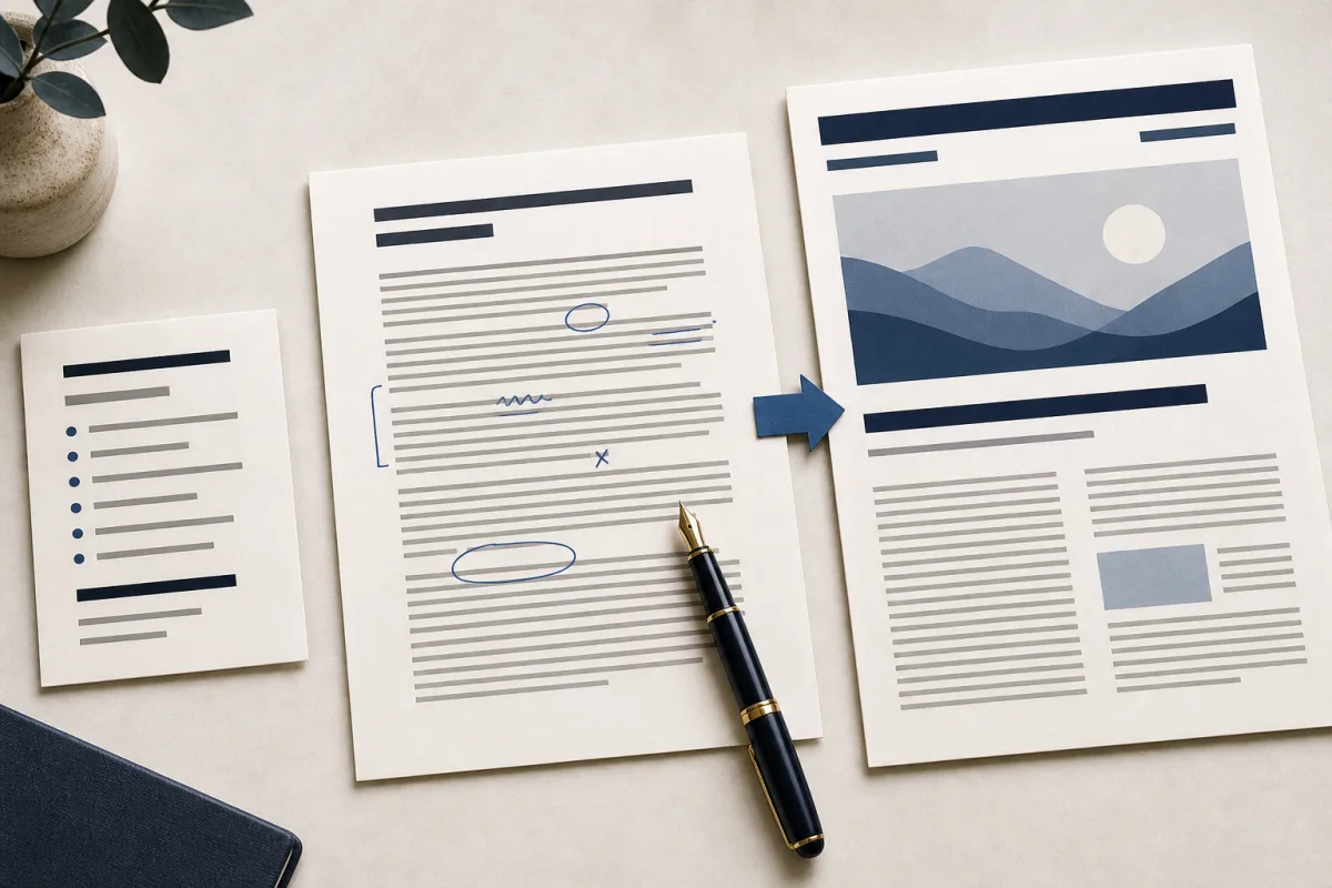 Concept illustration of a guest article moving from outline to edited draft and publication.